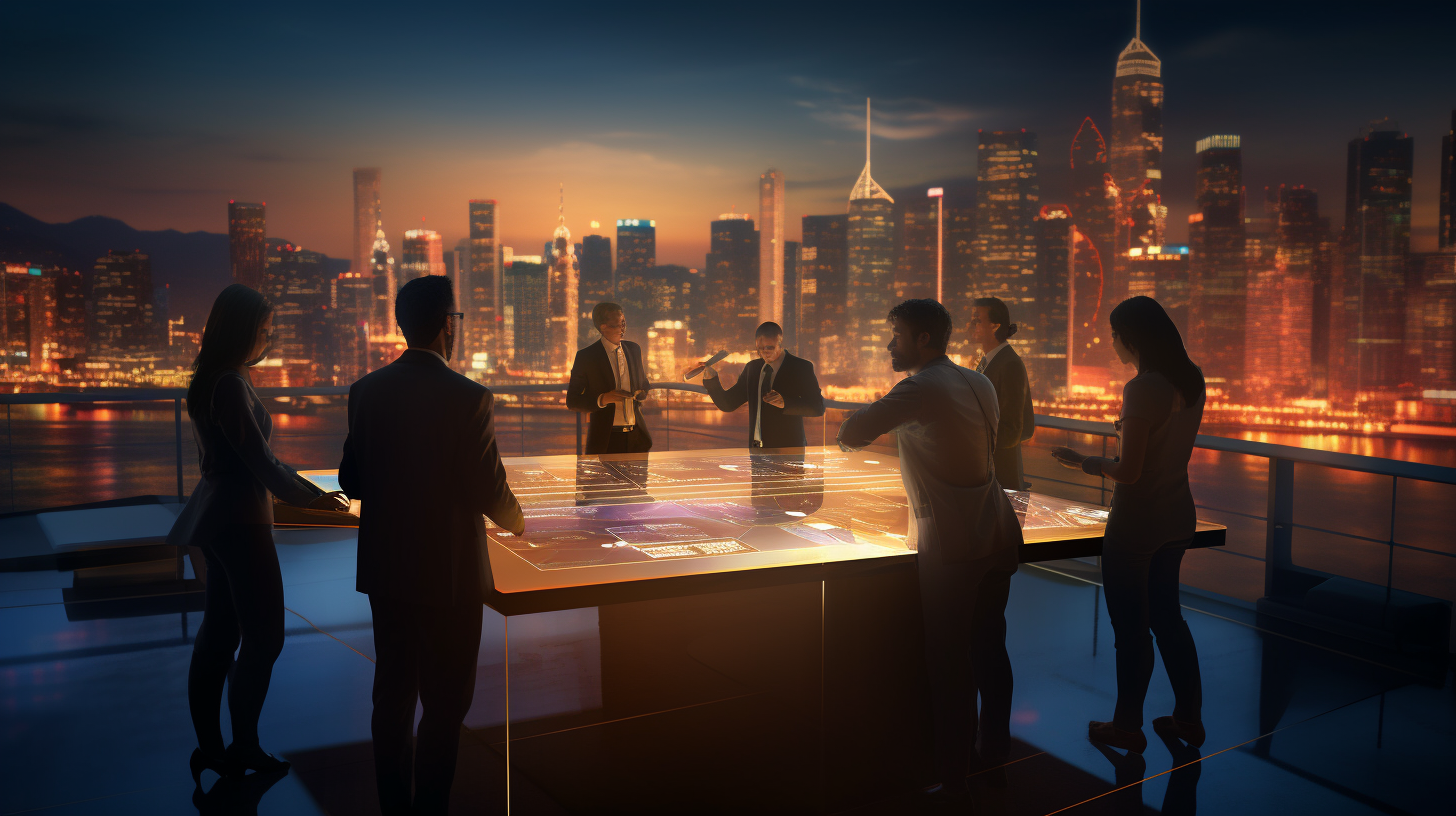 Eine Gruppe moderner Geschäftsleute, die Finanzdiagramme auf einer digitalen Touchscreen-Oberfläche in einer hochmodernen Büroumgebung auswerten. Es ist Abend, und im Hintergrund ist die Skyline einer Stadt zu sehen, erleuchtet durch das Glühen der Bürobeleuchtung. Das Team, bestehend aus vielfältigen Individuen, arbeitet gemeinschaftlich zusammen.
