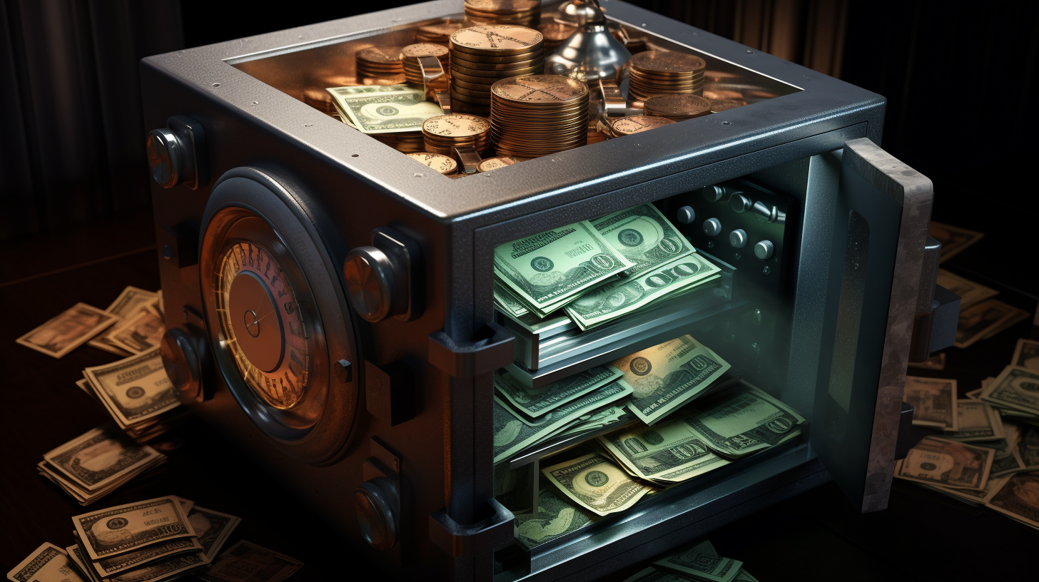 Digitaler Tresor umgeben von Geldscheinen - Symbol für finanzielle Sicherheit und Vermögensschutz