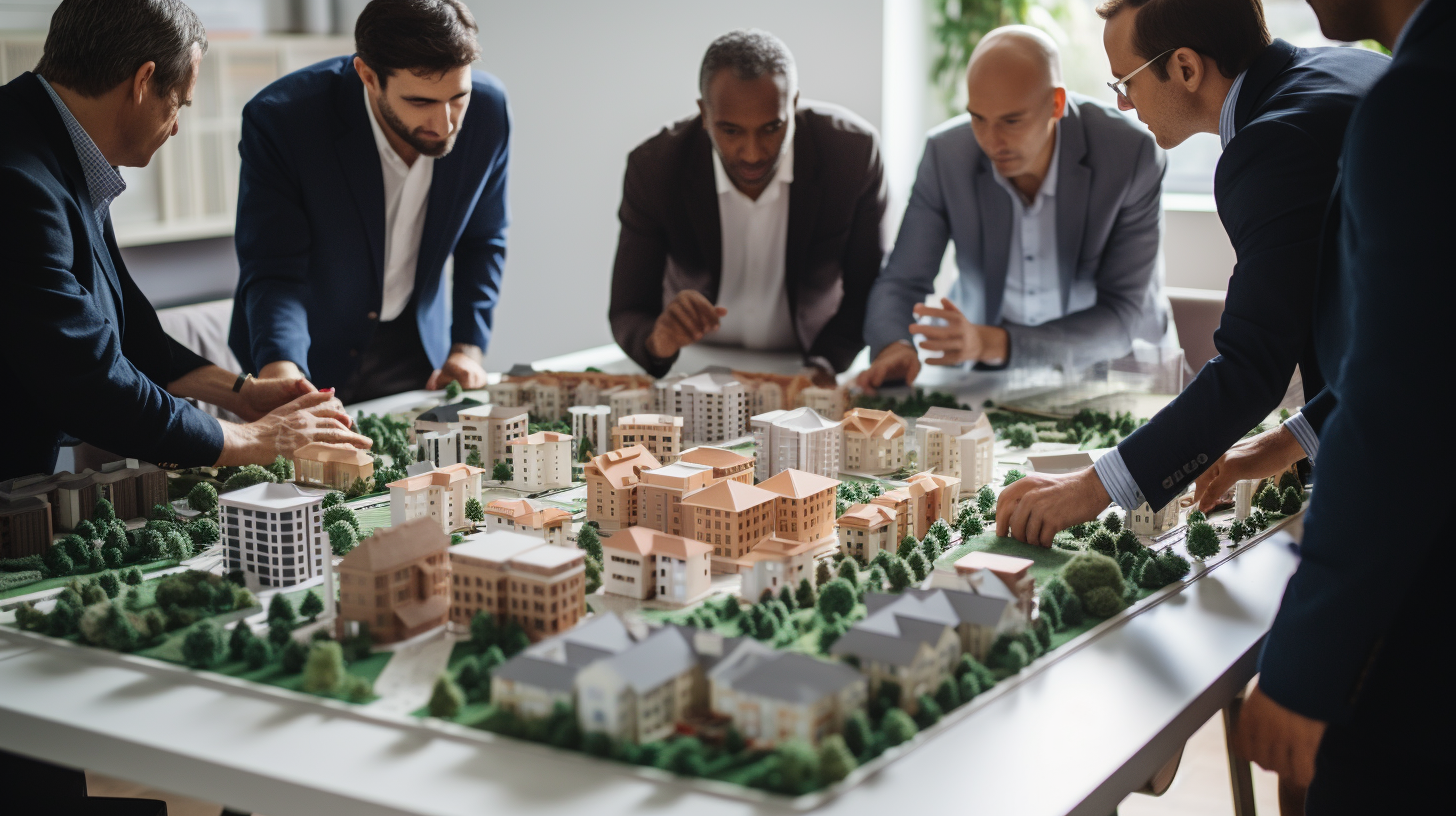 Diskussion von Immobilieninvestoren über ein Wohnkomplex-Modell