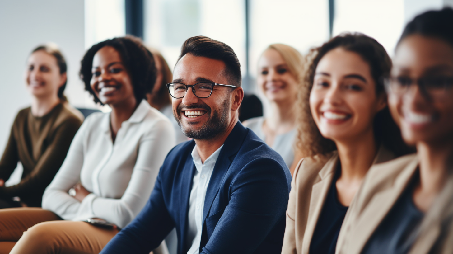 Diverse Gruppe lächelt bei Finanzplanungsseminar im modernen Büro