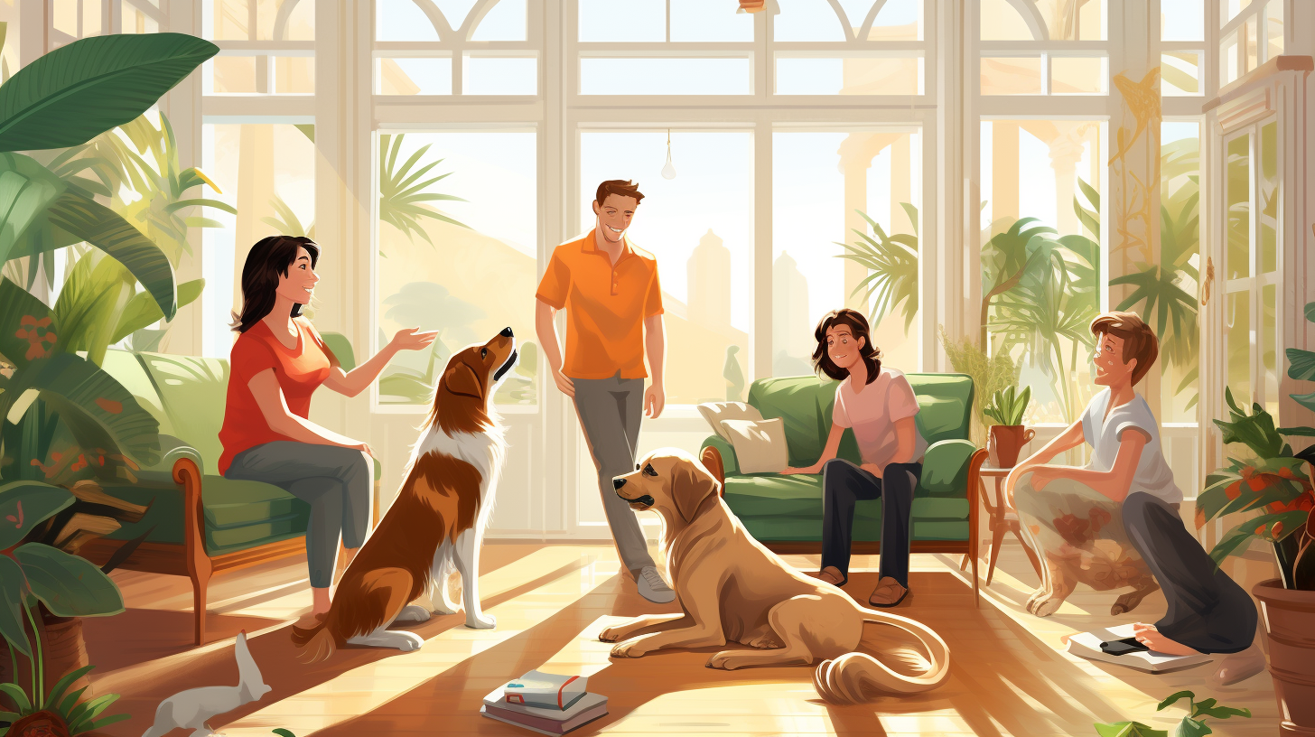 Familienglück mit Haustieren im sonnigen Wohnzimmer