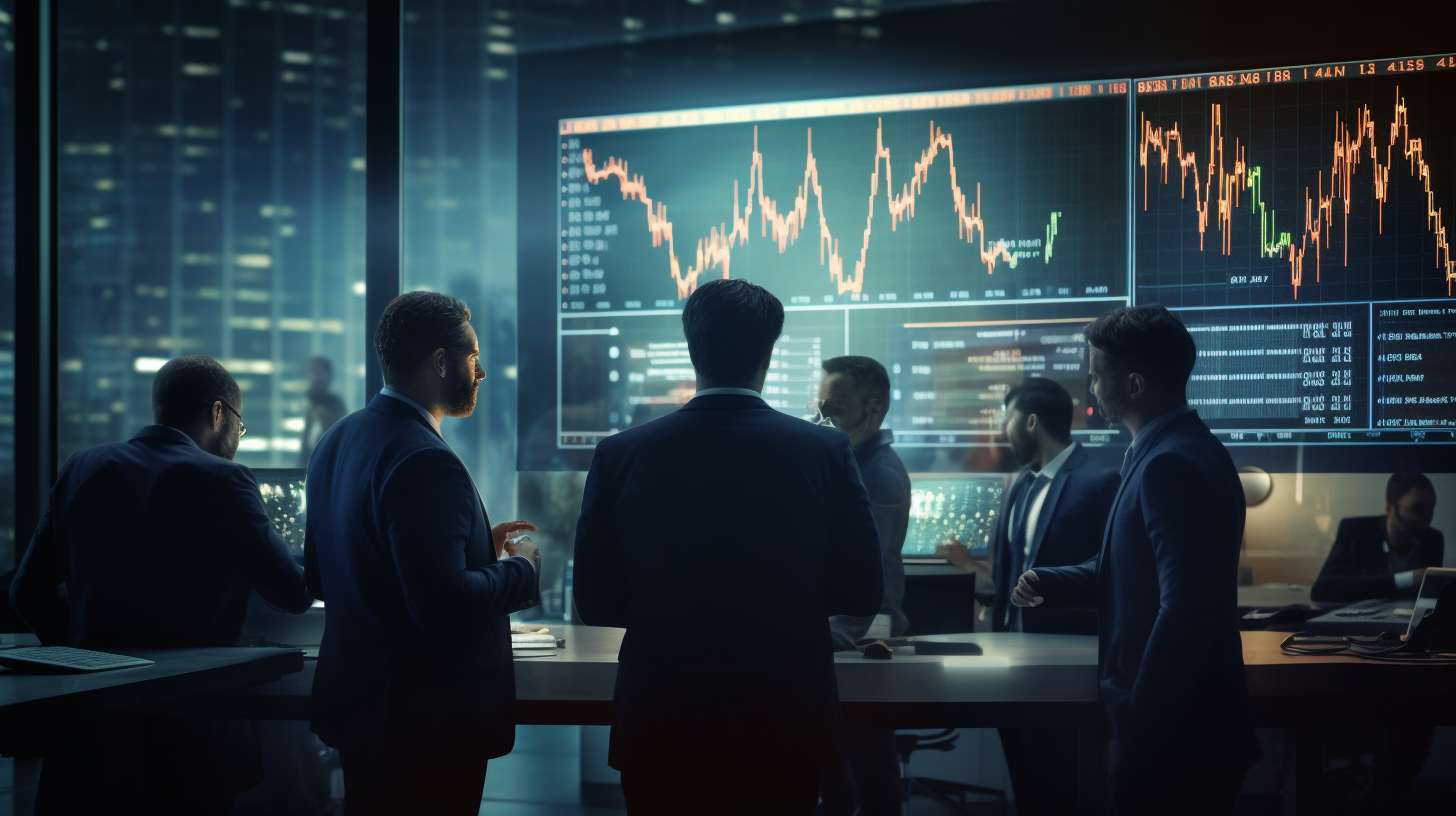 Finanzexperten analysieren Börsencharts auf Großbildschirm