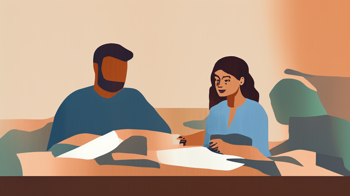 Ein Paar, das an einem Tisch sitzt, ist von Finanzdokumenten, einem Taschenrechner und einem Laptop umgeben. In der Diskussion über ihren Hypothekenrückzahlungsplan wirken sie konzentriert und entschlossen – ein Sinnbild erfolgreicher Finanzplanung.
