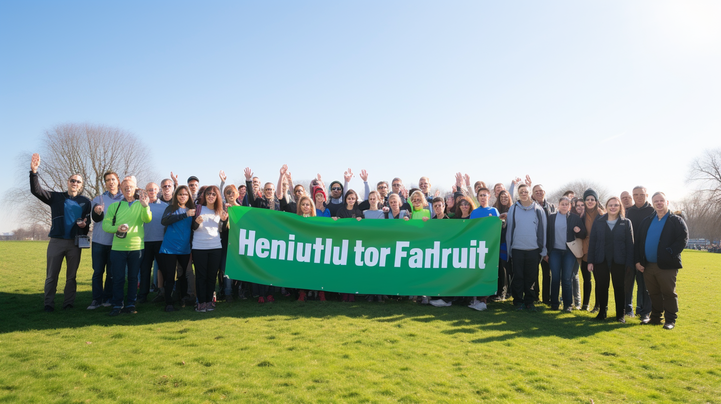 Gemeinsam für Gesundheit – Vielfältige Gruppe mit Botschaft im Grünen
