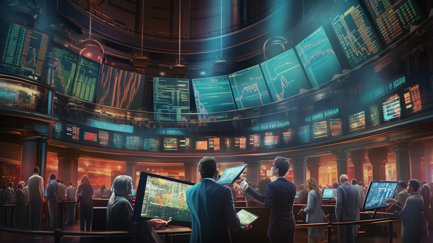 Geschäftiges Börsenparkett mit Händlern, die Anleihenkurse auf digitalen Bildschirmen überwachen