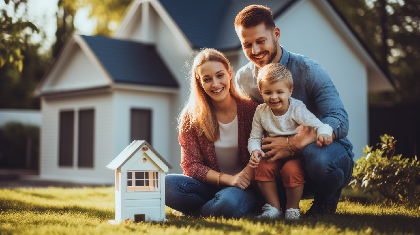 Glückliche Familie feiert vorzeitig abbezahlte Hypothek mit Hausmodell