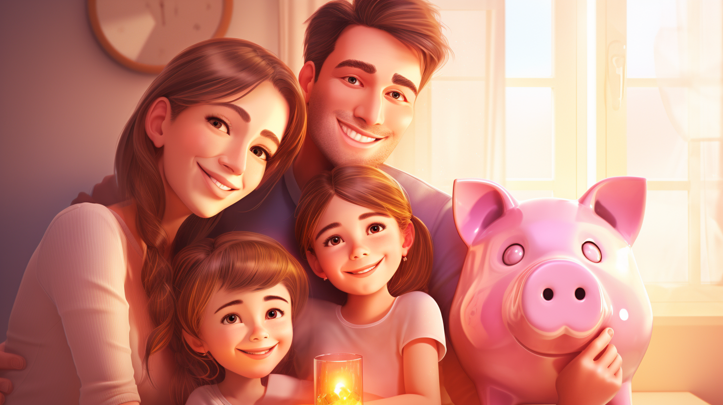 Glückliche Familie schafft finanzielle Sicherheit mit Sparschwein im gemütlichen Zuhause