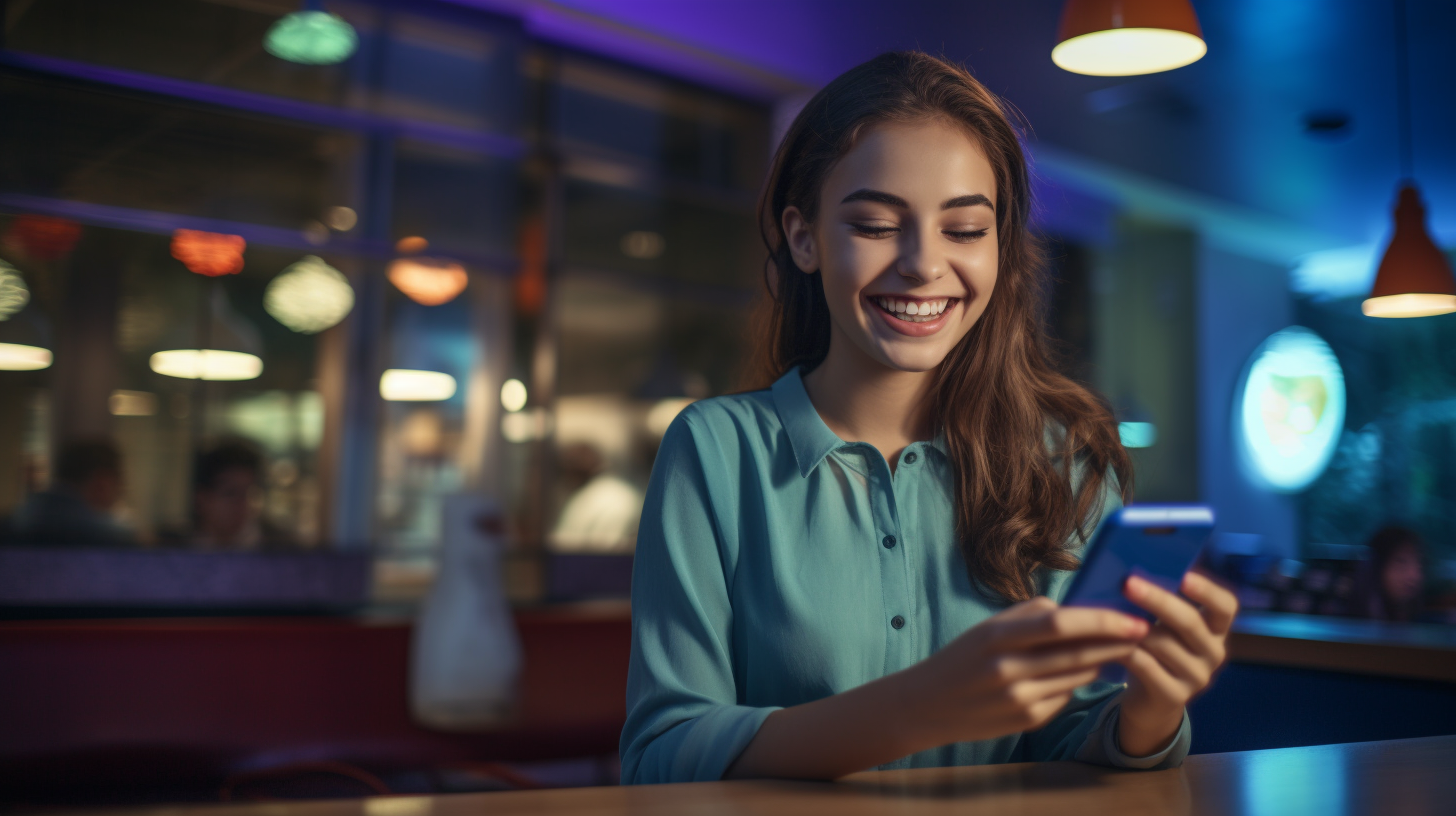 Glücklicher Jugendlicher nutzt mobile Banking-App in heller Umgebung