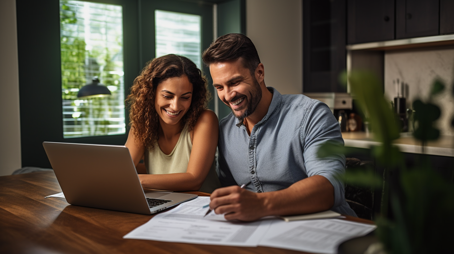Ein lächelndes Paar betrachtet ein Finanzdokument, während ein Laptop, ein Taschenrechner und ein Hausmodell auf dem Tisch in einem gut beleuchteten Arbeitszimmer zu Hause liegen.