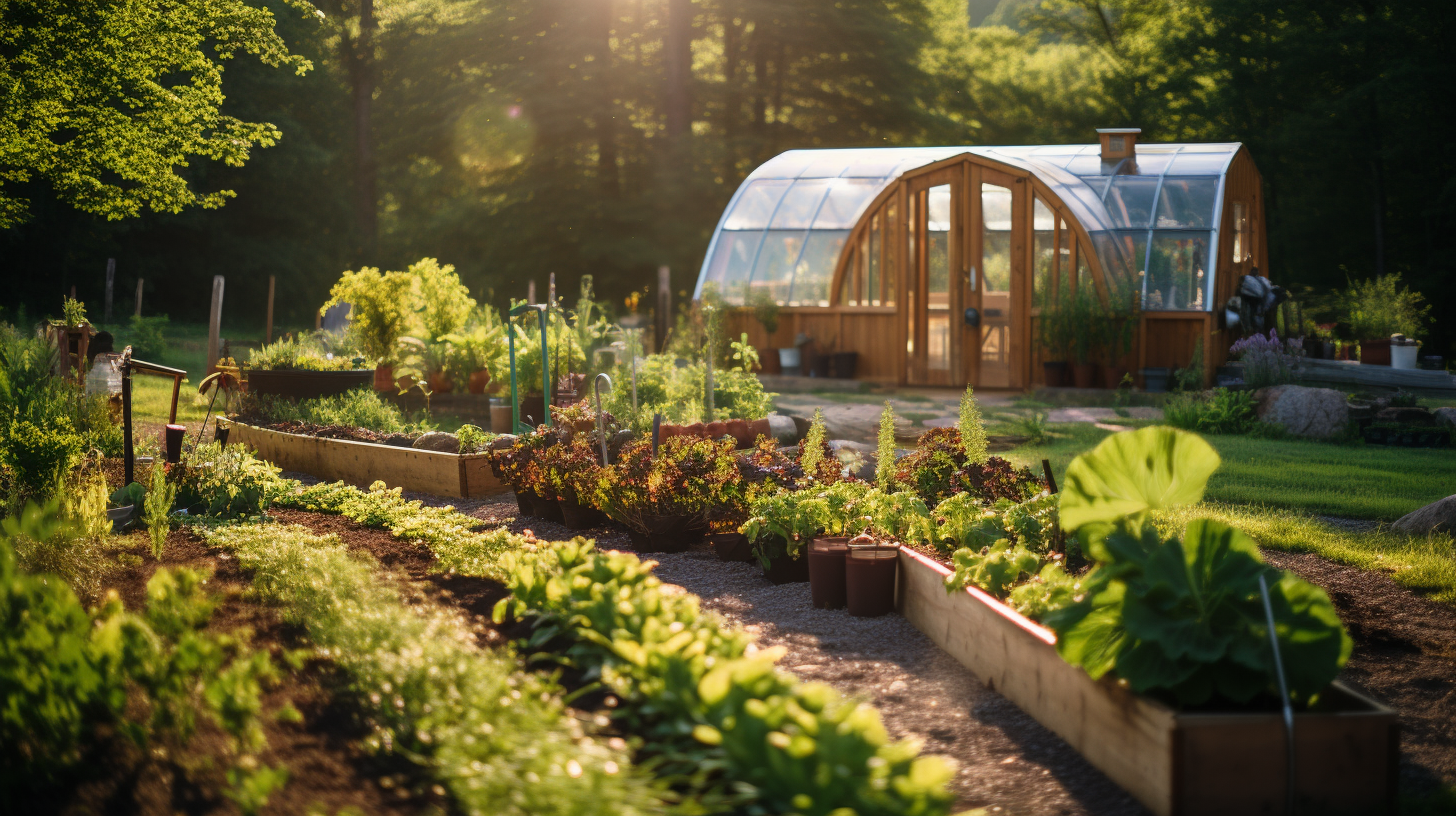 Grüne Selbstversorgung: Gemüsegarten und Treibhaus im Sonnenschein