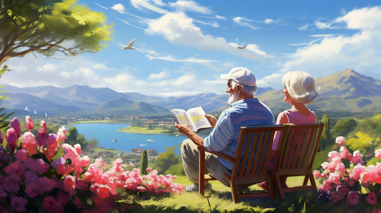 Idyllischer Ruhestand: Ein entspanntes Seniorenpaar genießt seine Hobbys in einer malerischen Umgebung