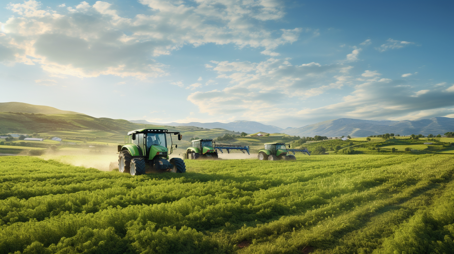 Investition in die Zukunft: Moderner, ertragreicher Landwirtschaftsbetrieb unter blauem Himmel