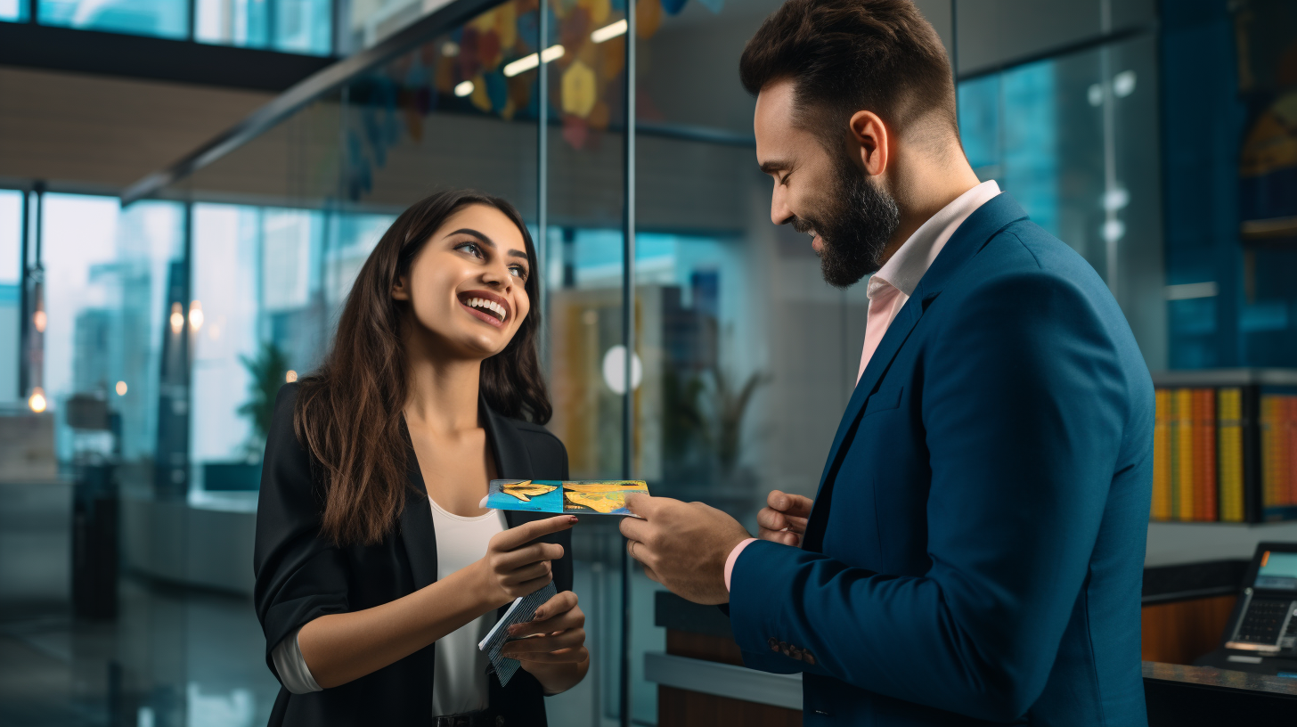 Jugendlicher erhält glücklich eine Bankkarte in einer modernen Bankfiliale