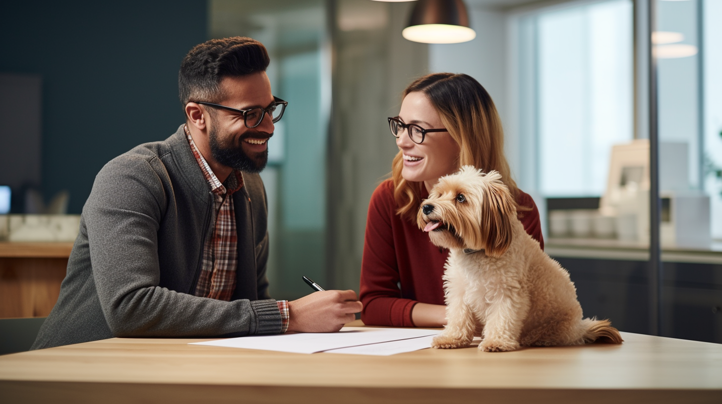 Lächelnder Versicherungsberater erläutert einem Tierbesitzer Versicherungsmöglichkeiten im hellen, modernen Büro