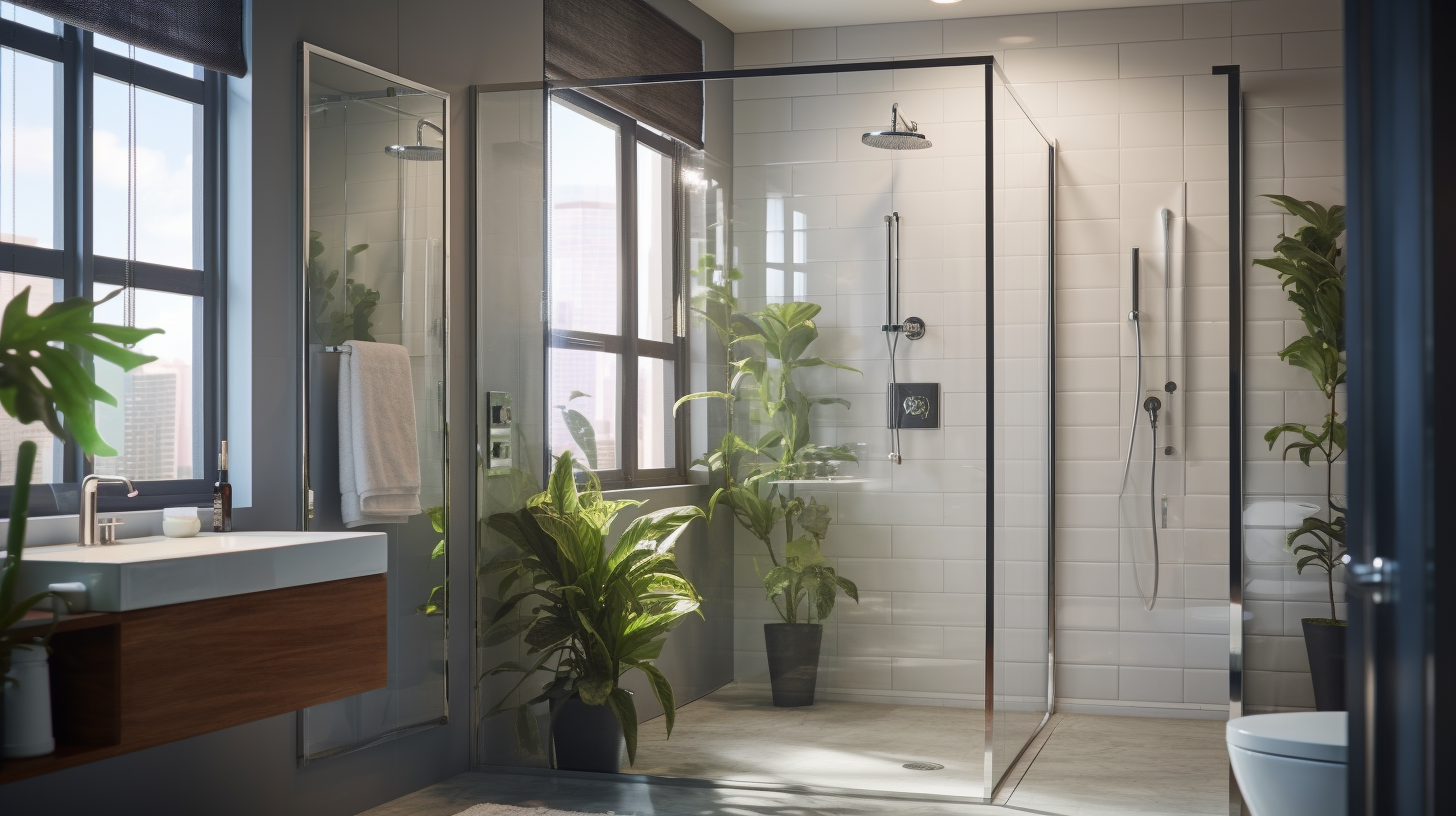 Modernes Badezimmer mit fotorealistischen Fliesen und stilvollen Stahldetails