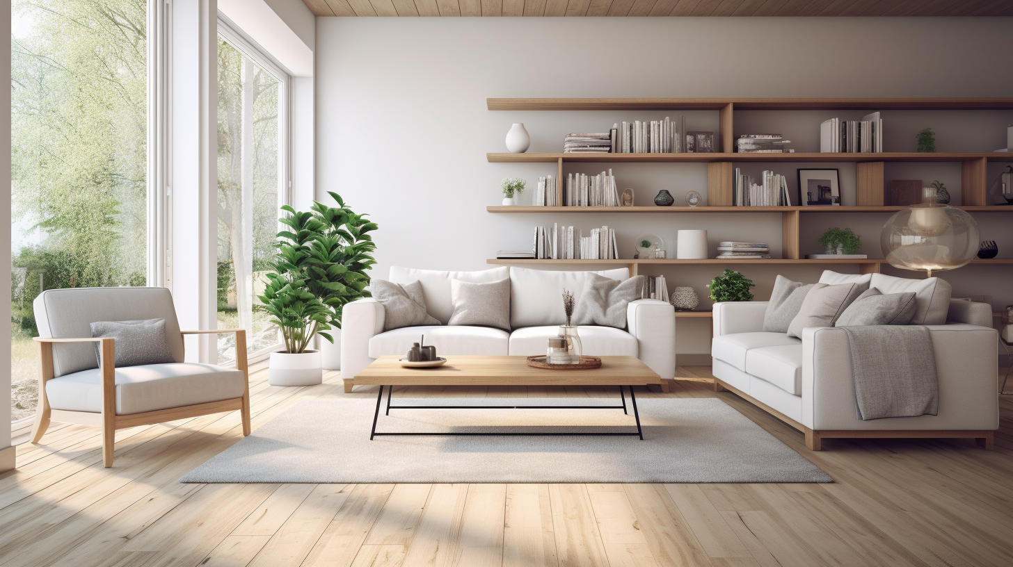 Modernes und stilvolles Wohnzimmer mit natürlichem Licht und Holzboden