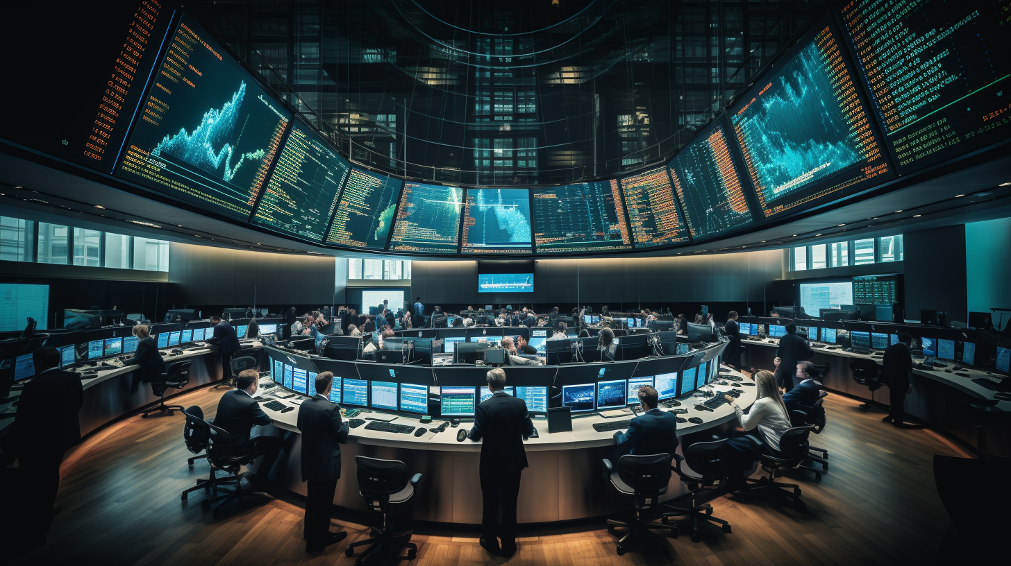 Panoramablick auf den geschäftigen Handelssaal einer Börse
