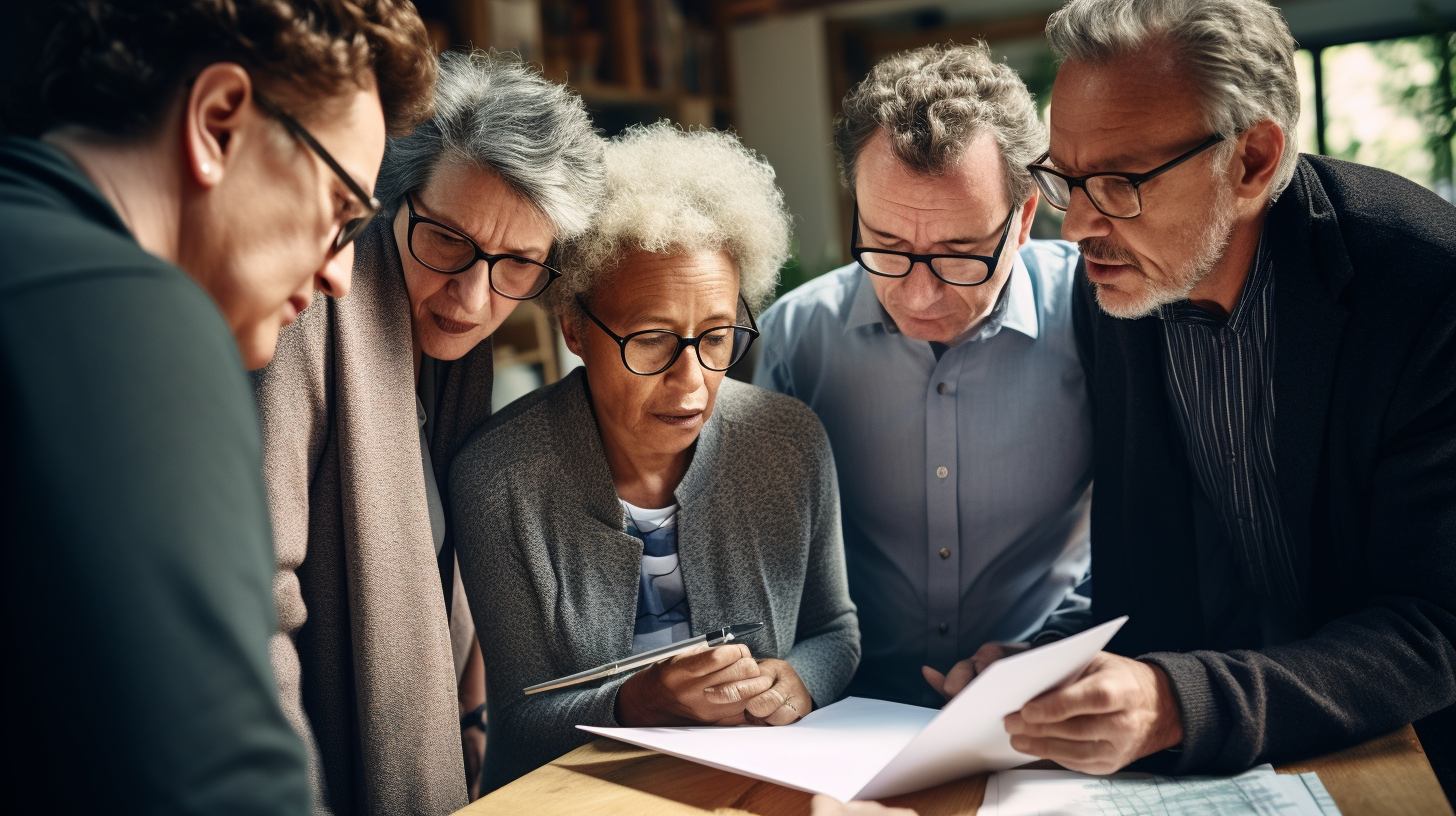 Planung des Ruhestandes in einer Vielfalt: Senioren betrachten nachdenklich ein Dokument