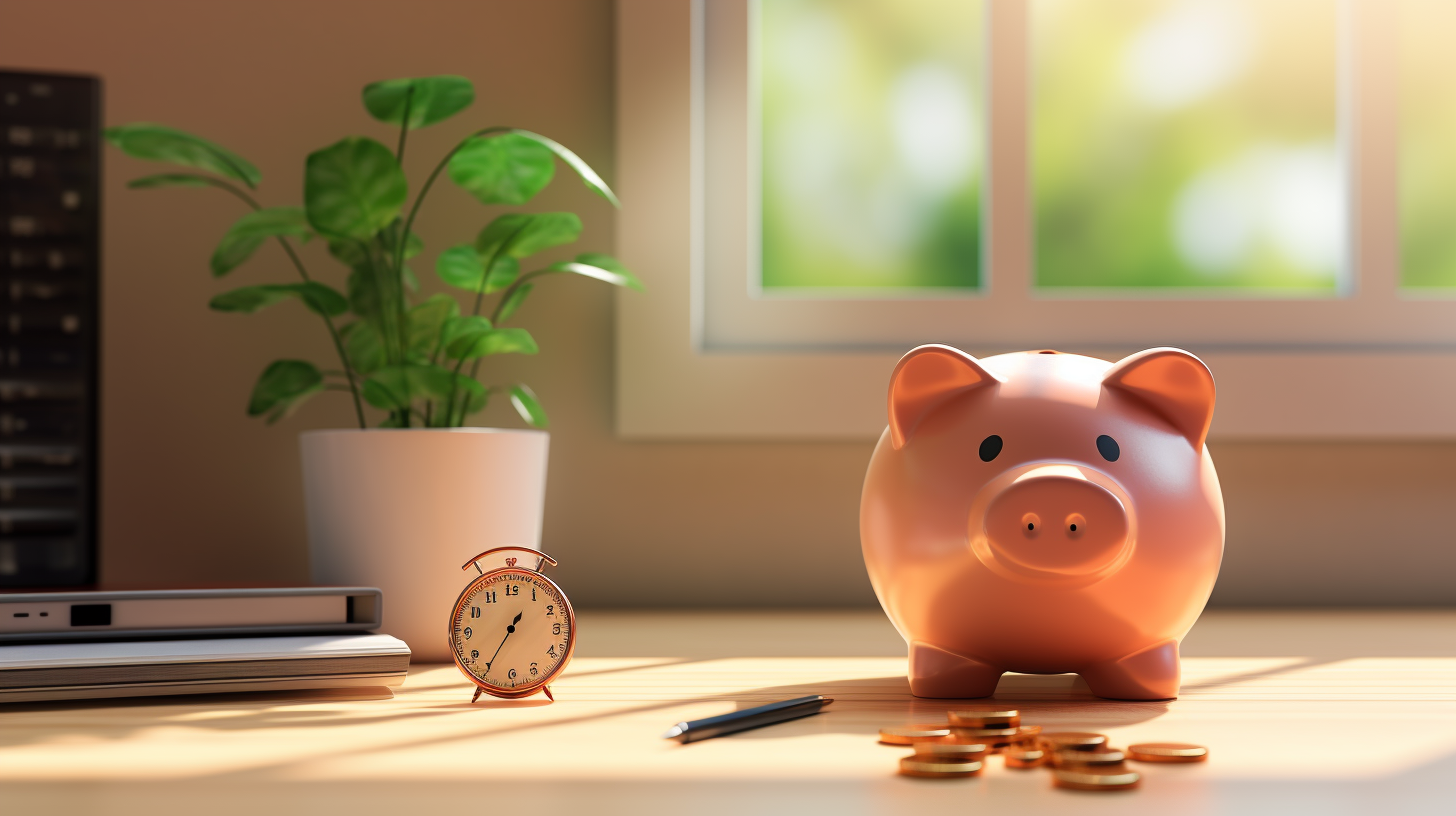 Regelmäßiges Sparen - 3D-Grafik eines Sparschweins im Heimbüro