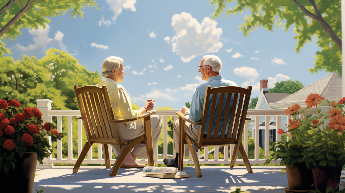 Ruhestandsidylle: Zwei Senioren entspannen auf der Veranda mit Gartenblick