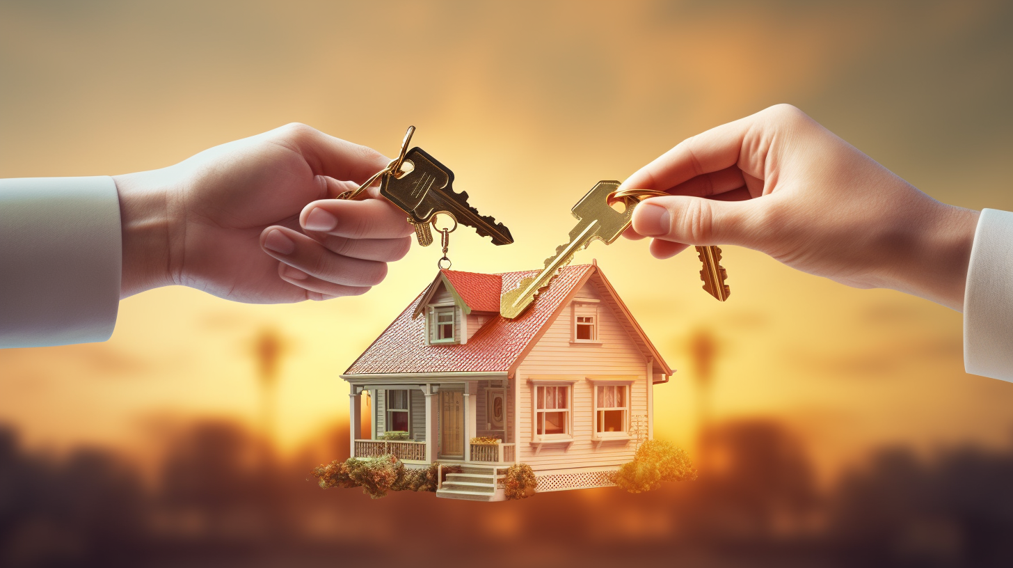 Ein paar Hände übergeben mir sorgfältig Schlüssel mit einem stilisierten Haus im Hintergrund. Das Bild verkörpert symbolisch Immobilientransaktionen und Eigentumsrechte.