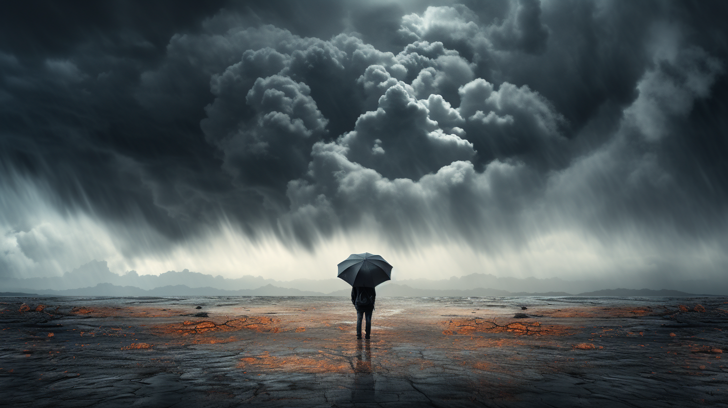 Schutz im Sturm: Ein Schirmträger unter dunklen Wolken