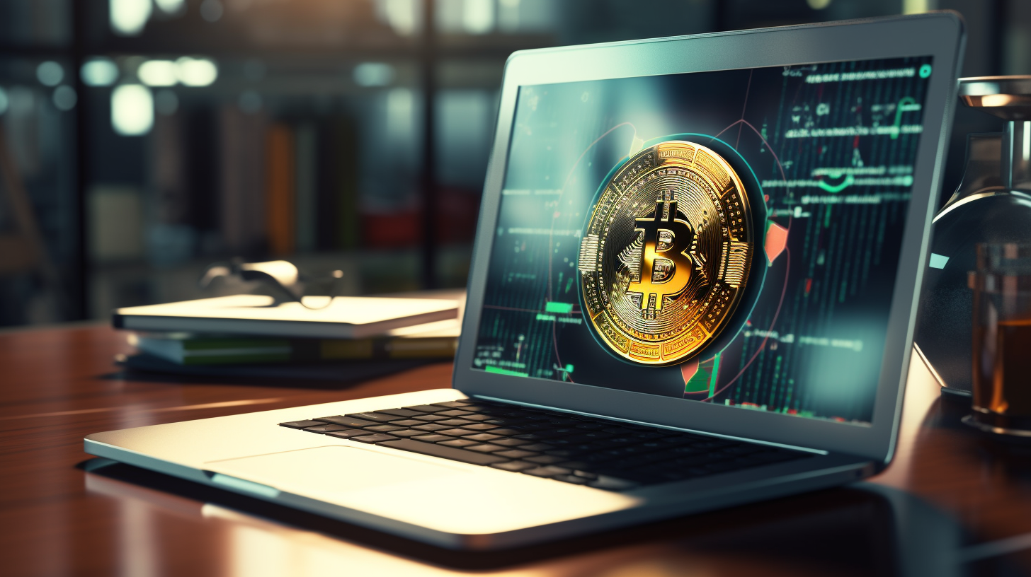 Sicherheit im Fokus: Digitales Bitcoin-Wallet mit Verschlüsselung und Authentifizierung auf einem Bildschirm im modernen Büro