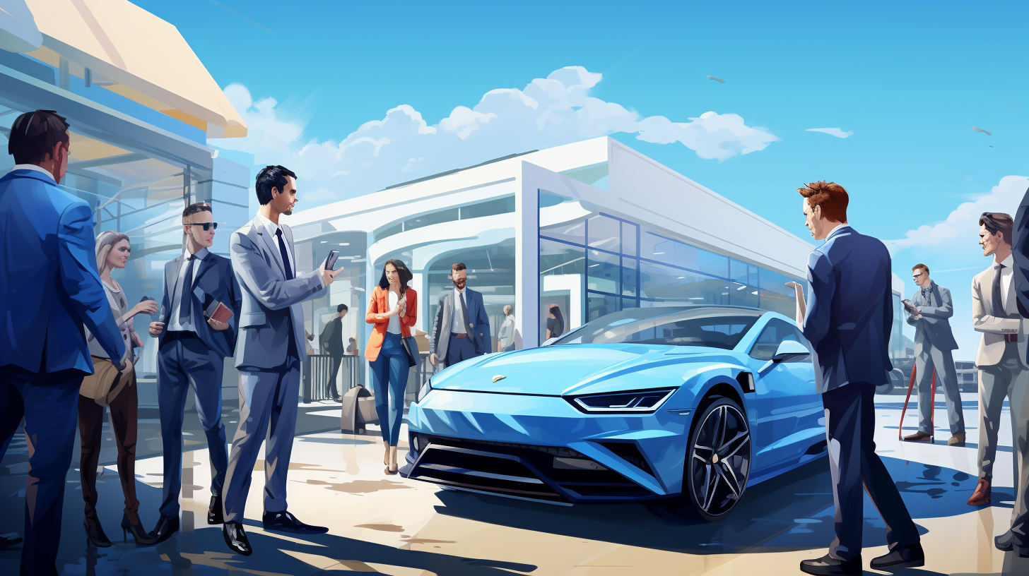 Sonniger Autokauf: Kundenfreude und Finanzierungsdetails beim neuen blauen Wagen