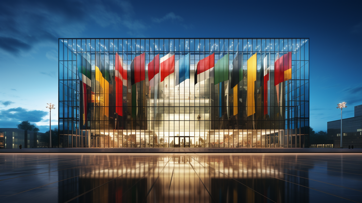 Spiegel der Weltfinanz: Glasbau-Hauptquartier mit Flaggenparade