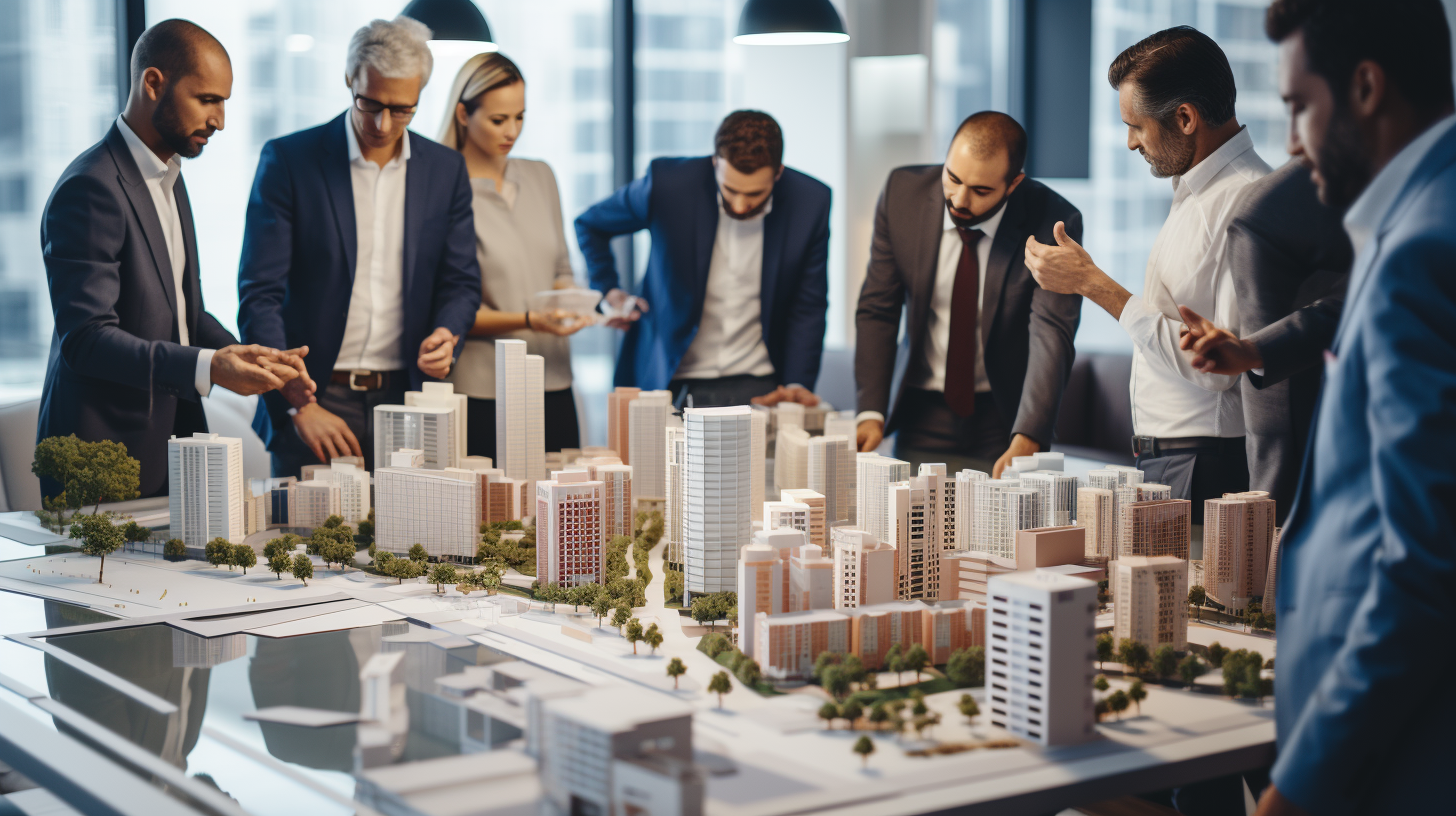 Stadtviertel im Fokus: Immobilienprofis bei der Besprechung eines 3D-Modells