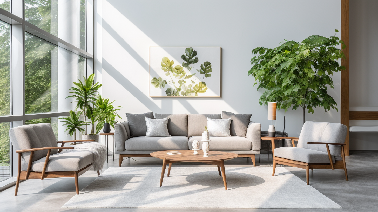 Stilvolles Wohnzimmer im modernen Ambiente mit Pflanzen und viel Tageslicht