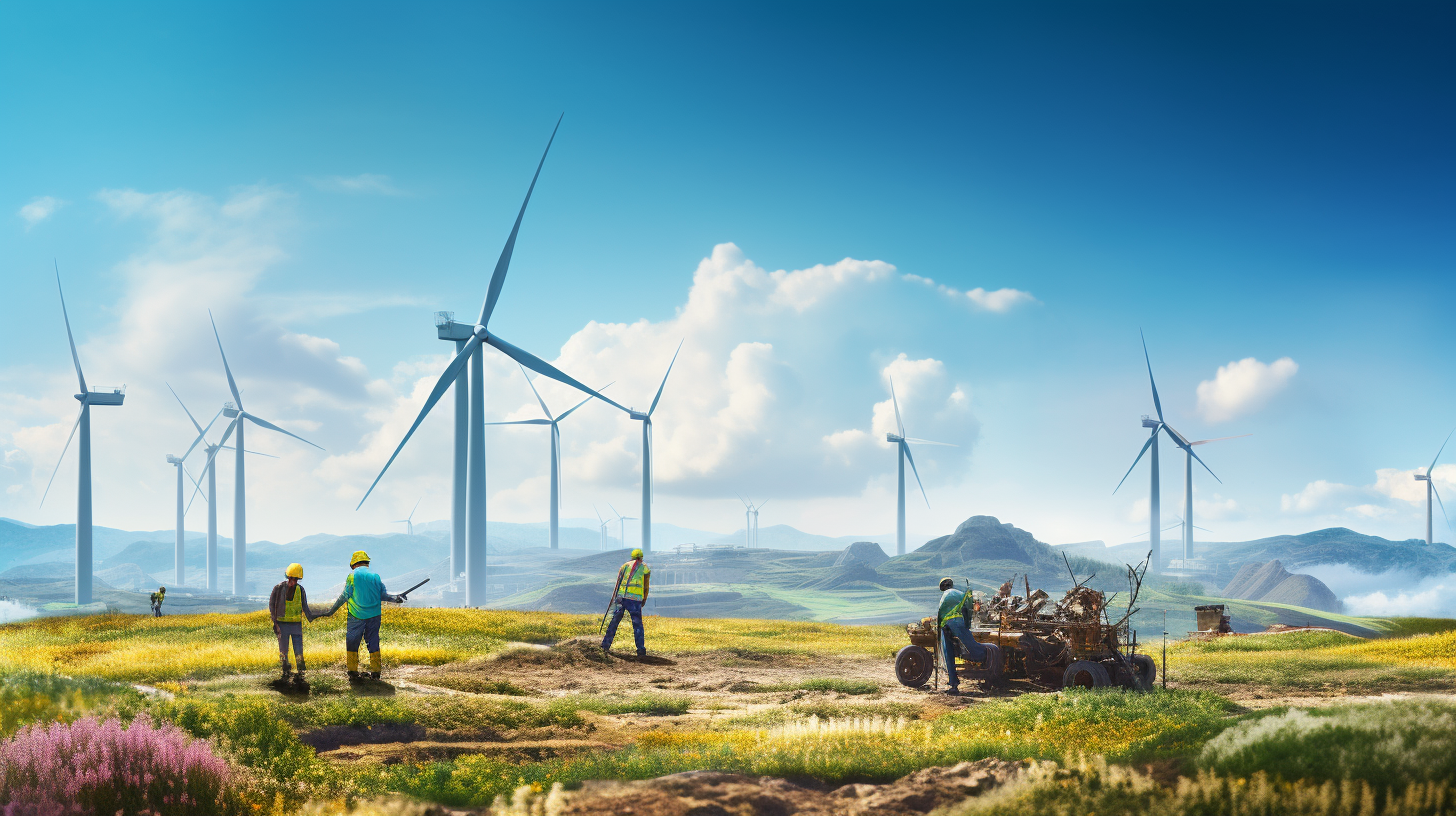 Teamarbeit im Windpark: Technologie und Natur im Einklang