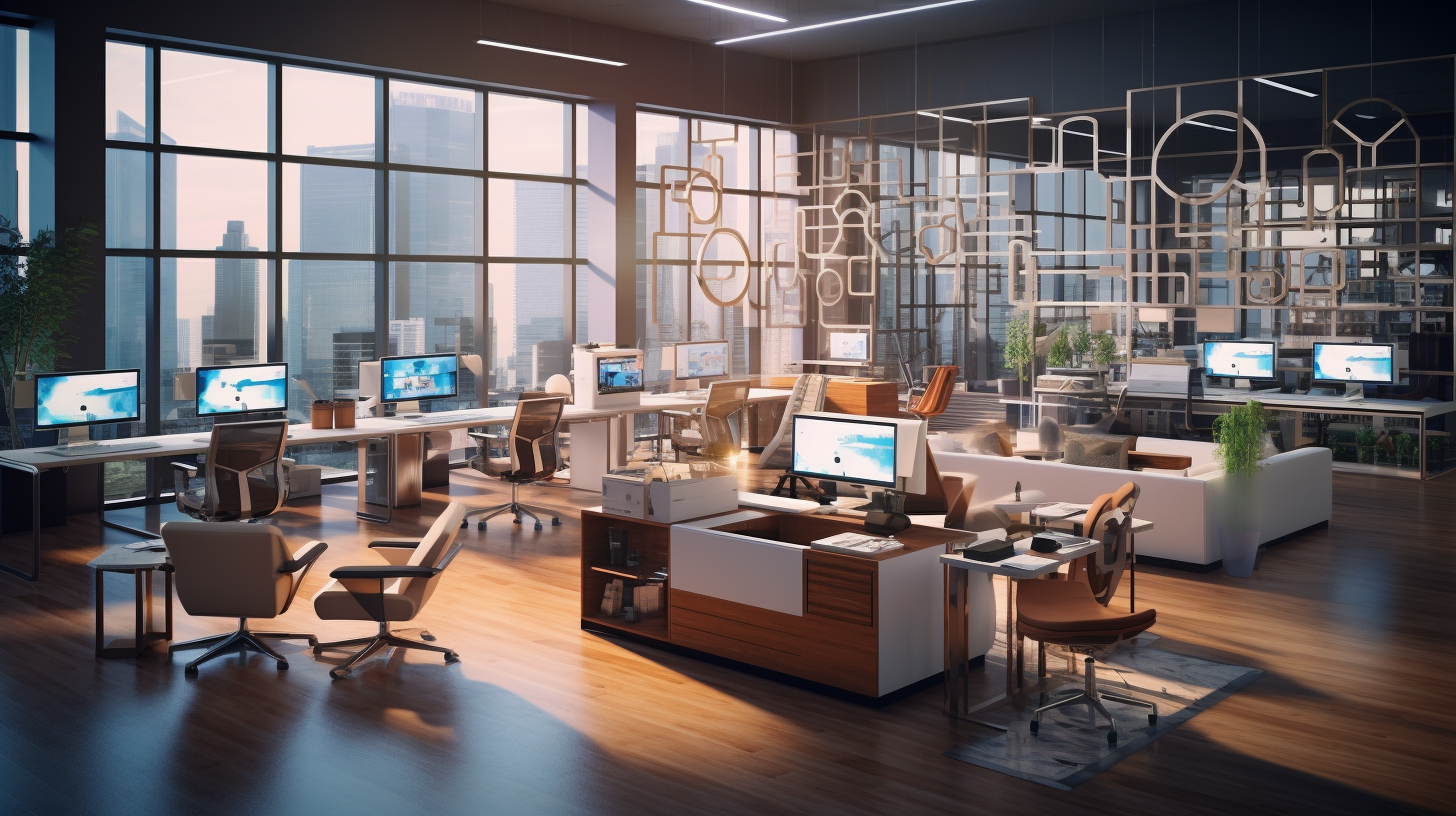 Ein moderner, gut beleuchteter Büroraum voller verschiedener Technikgeräte, die Gebrauchsspuren aufweisen, veranschaulicht das Konzept der Wertminderung von Anlagegütern im Technologiesektor.