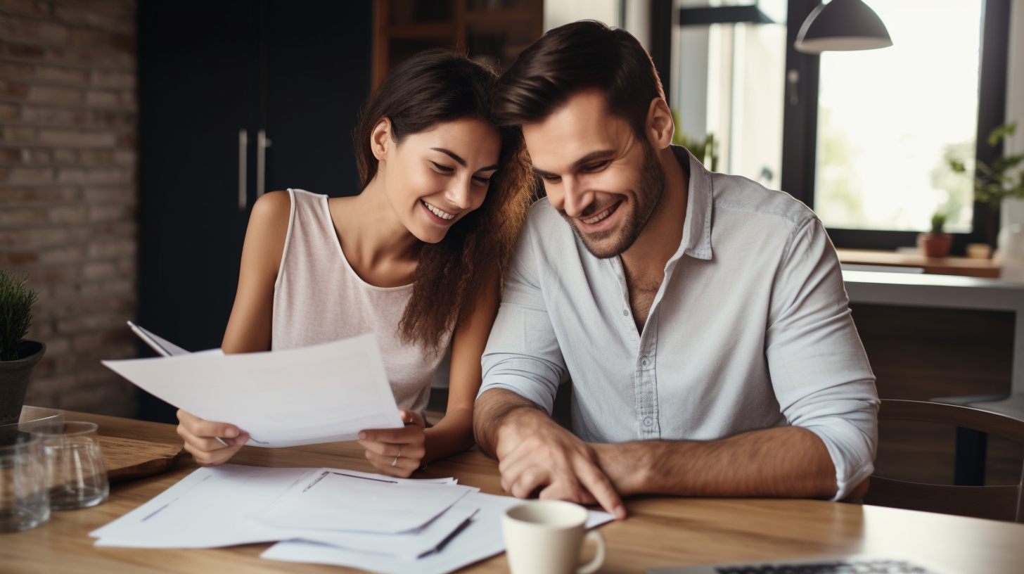 Zufriedenes Paar plant gemeinsam die zukünftige Hypothekenrückzahlung