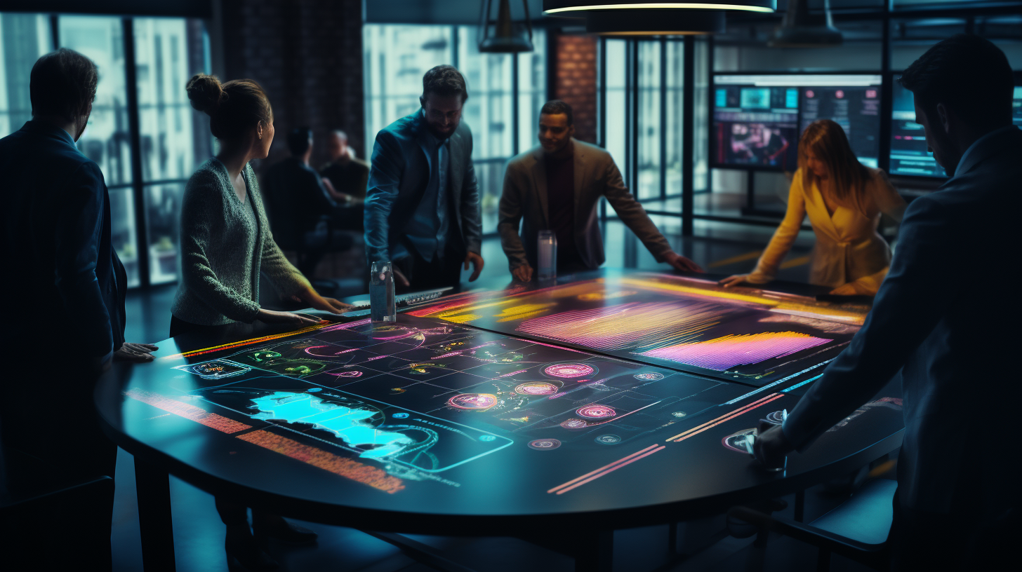 Zukunft der Vermögensverwaltung: Diverses Team diskutiert Anlagestrategien am interaktiven Touchscreen-Tisch