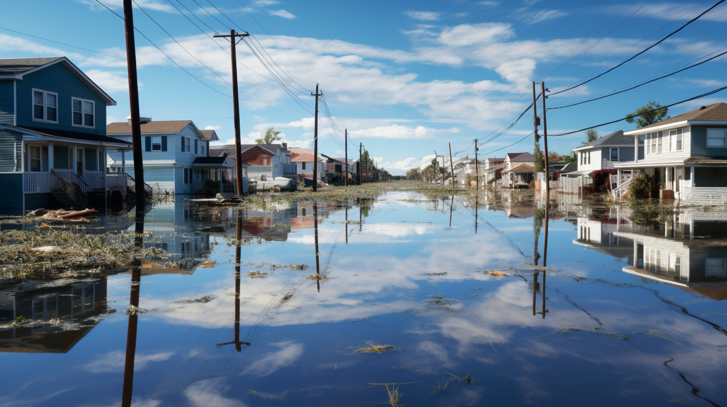 Überflutetes Vorstadtgebiet mit Wasserspuren: Zeugen natürlicher Katastrophen unter blauem Himmel