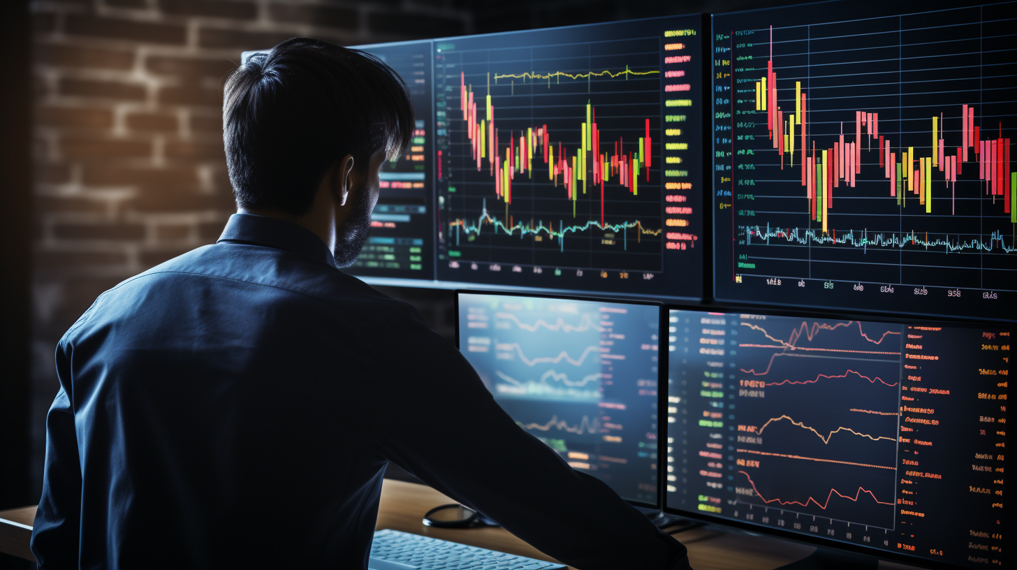 Experte analysiert Finanzleistung an komplexem Börsen-Dashboard