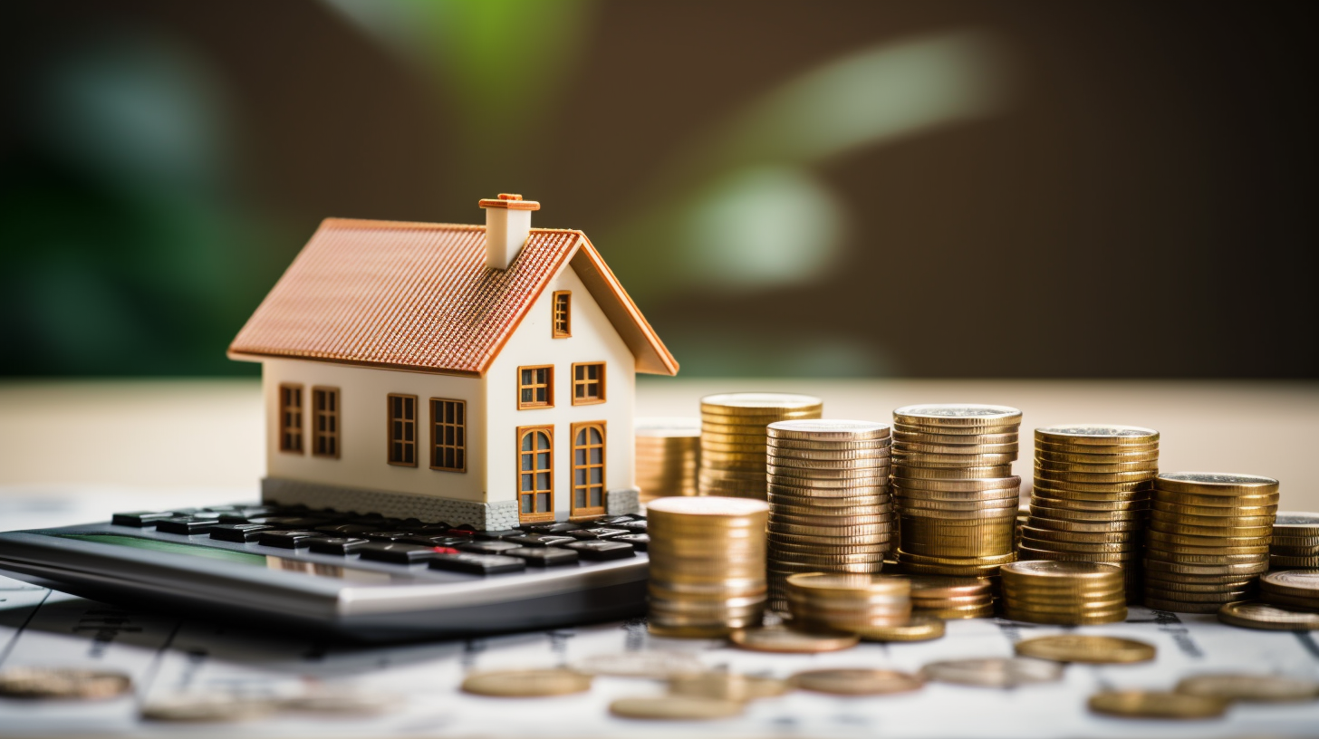Investition und Finanzierung im Immobiliensektor: Modellhaus mit Münzstapeln und Finanzunterlagen