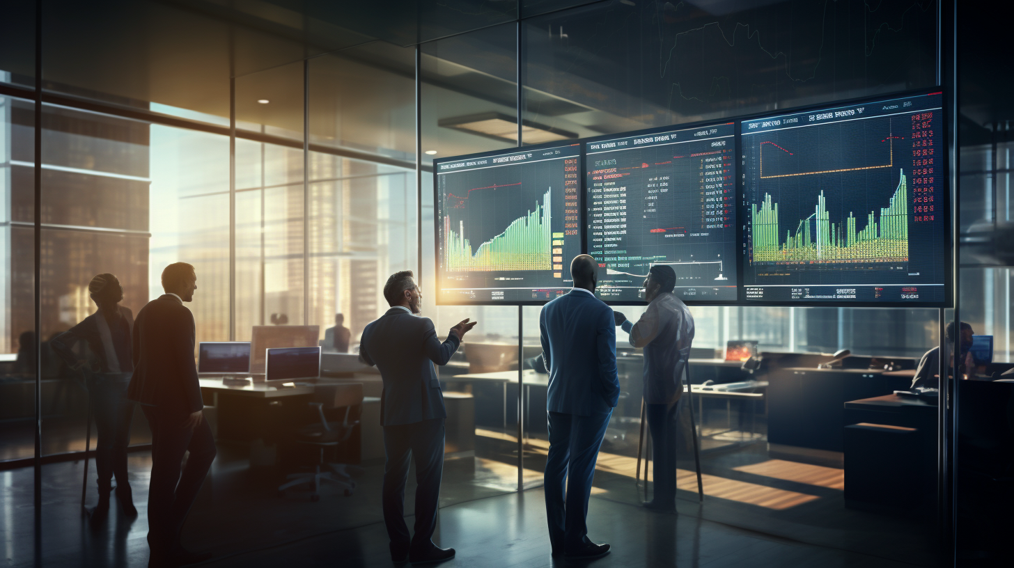 Investorengruppe analysiert Anleihemarkt in dynamischem Büro