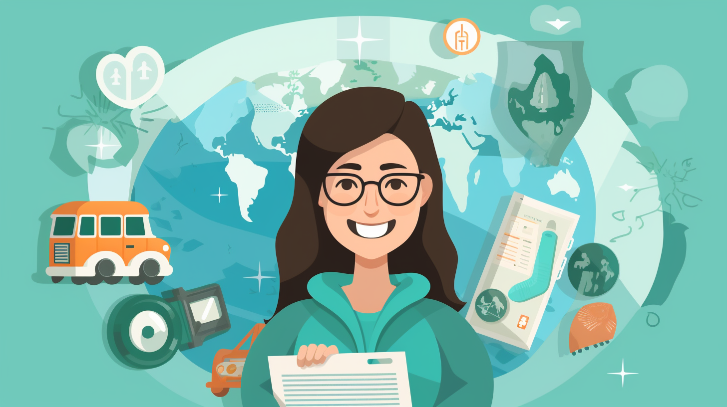 Lächelnde Person mit Reiseversicherung vor Weltkarte mit Medizin- und Reisesymbolen