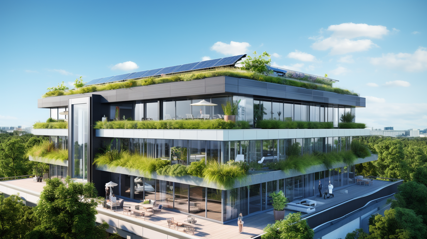 Moderner, ökofreundlicher Bürokomplex mit begrünten Wänden und Solarpanelen unter blauem Himmel