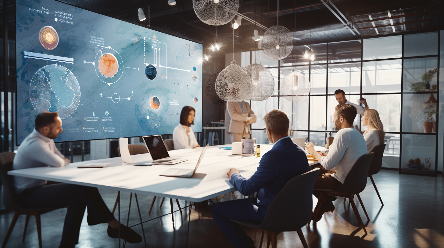 Strategiebesprechung von Unternehmern mit digitalen Diagrammen im modernen Büro