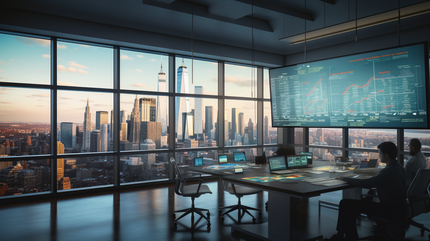 Team von Finanzexperten analysiert Markttrends im High-Tech-Büro mit Skyline-Blick