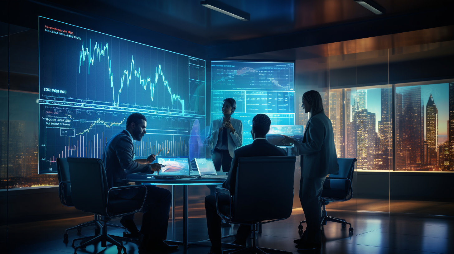 Zukunft des Investierens: Professionelle Anleger und digitale Finanzdaten im High-Tech-Meetingraum